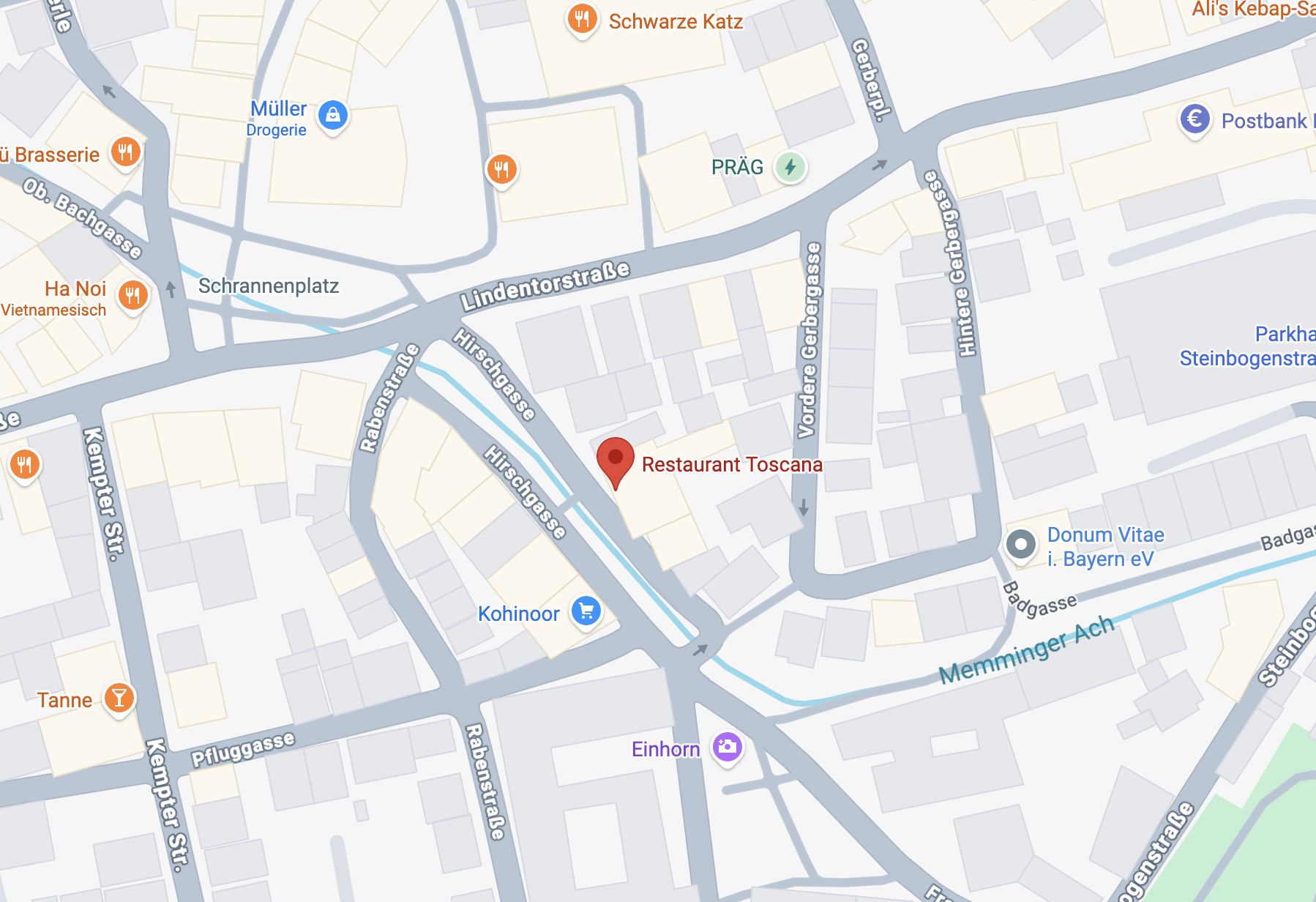 Karte der Memminger Altstadt mit dem Ristorante Toscana an der Hirschgasse